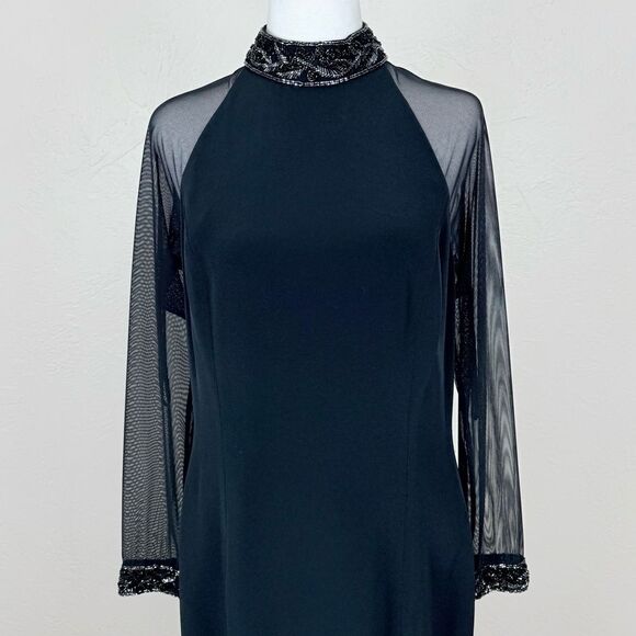 Vintage Black Tie Oleg Cassini Dress w/ Sheer Long Sleeves Beaded Detail Maxi - Picture 5 of 16